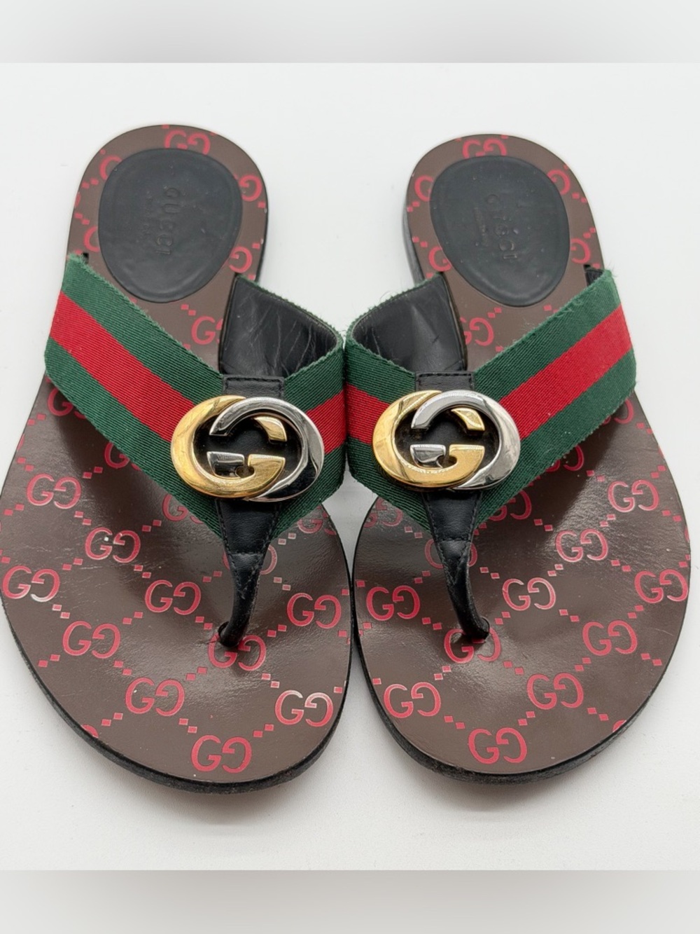 Gucci Kika GG Web Stripe Thong Sandals Black Red Flip Flop Flats EU 38 US 8 - Picture 5 of 10